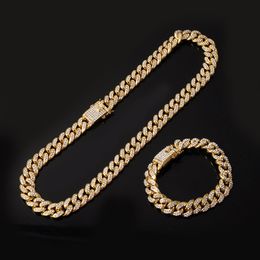 Hip Hop Iced Out Paved Rhinestones 1Set 13MM Full Miami Curb Cuban Chain CZ Bling Rapper Necklaces For Men Jewellery