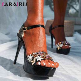 Sandals SaraIris Arrivals Solid Buckle Stiletto High Heel Open Toe Flower Summer Sandals Woman Dress Rome Casual Dress Shoes 220309