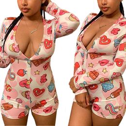 OMSJ S-3XL Plus Size Sleep Romper Womens Sweet Style Candy Print Christmas Long Sleeve V-neck Club Outfits Skinny Short Jumpsuit T200704