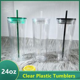 24oz Acrylic Tumblers with lid and Straws Double Wall Clear Plastic Tumblers Travel mug Reusable Cup 710ml Transparent Solid PS Drinking Cups