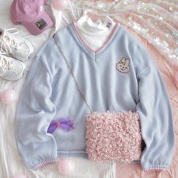 HWLZLTZHT V-neck Women Cute Sweater Kawaii Rabbit Embroidery Girls Knitted Jumper Winter Loose Female Pullover Ladies Knitwear 210203