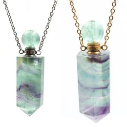 Necklace Perfume Bottle Natural Gems Stone Essential Oil Diffuser Quartz Fluorite Pendants Pointed Charm Chain Necklaces Women