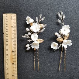 SLBRIDAL Handmade Alloy Leaf Ceram Flower Freshwater Pearls Bridal Hair Pin Wedding Hair Sticker Women Jewelry Hair Accessories J0113