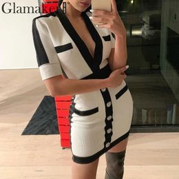 Glamaker Striped button short white dress Women deep V neck knitted sexy bodycon dress Elegant party club night dress fashion T200319