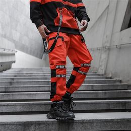 Orange & Black & White Elastic waist Men Streetwear Fashion Ribbon Tactics Cargo Pants Hip Hop Sweatpants Brand Joggers Trousers 201109