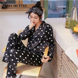MECHCITIZ silk pajamas for women autumn spring pijamas set full length top and pants home suit white black sleepwear clothing 210203