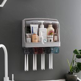 4Cups Toothbrush Holder Automatic Toothpaste Dispenser Wall Mount Large Capacity Cosmetics Storage Box Rack Bathroom Accessories LJ200904