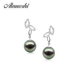 AINUOSHI 925 Sterling Silver Leaves Shaped Drop Earrings Natural South Sea Black Tahiti Pearl 9.5-10mm Round Pearl Drop Earring Y200107