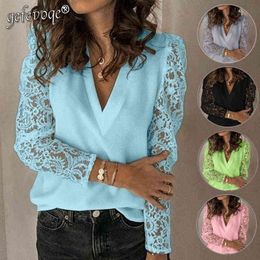 Women Street Casual Solid Colour T-Shirt Lace Long Sleeve Chiffon Plus Size Elegant Tops Loose Pullover V-Neck Party Fashion Tun 220207