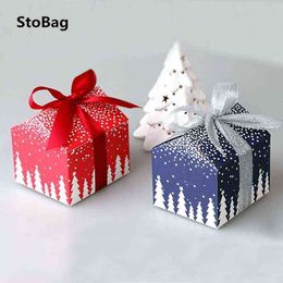 StoBag 30pcs House Shape Blue/Red Paper Box Christmas Supplies Candy Cookies Biscuit 8*7*8cm New Year Gift Packaging Kind Favor H1231