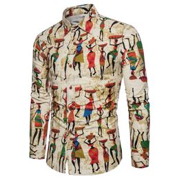Mens Linen Floral Colour Print Hawaiian Shirts Fashion Plus Size M-5XL National Wind Long-sleeved Male Social Shirts Clothes T200319