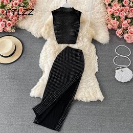 Woman Sexy Club Party Two Piece Sets Clothing Summer Diamond Stand-up Collar Crop Tops High Waist Wrap Skirt Outfits Suits 220302