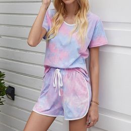 Women 2020 Summer New Pyjamas Casual Tie Dye T Shirts And Drawstring Shorts Loose Loungewear Set Homewear Women T200707