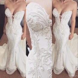 2021 New Luxury Sexy Aso Ebi Mermaid Wedding Dresses Sweetheart Keyhole Illusion Lace Appliques Crystal Beading Pearls Formal Bridal Gowns