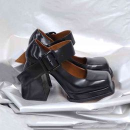 Patent Leather Black Shoes Women Punk Chunky Designer Platform Mary Janes Heels Square Toe Goth High Heels Women Pumps Plus Size Y220225