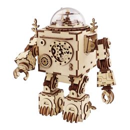 clockwork music box Canada - Robotime Steampunk DIY Robot Wooden Clockwork Music Box Decoration Gift AM601 LJ200928