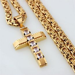 Hot Trendy Stainless Steel Yellow Gold Plated Bling CZ Cross Pendant Necklace for Men Women Punk Jewellery Gift