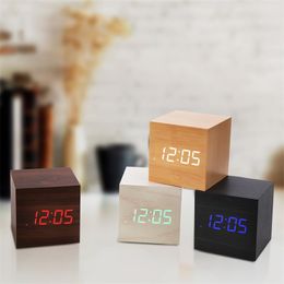 HOT! Mini Digital Wooden LED Alarm Clock Wood Retro Glow Clock Desktop Table Decor Voice Control Snooze Function Desk Calender 201222