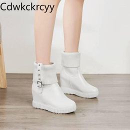 winter The New fashion Round head Increase within Mid boots white knitting Wool Plus velvet Keep warm High heel Women boots1