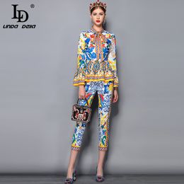 LD LINDA DELLA Fashion Runway Pants Suit Sets Women's Flare Sleeve Bow Collar Print Blouses and Casual Pants Two Pieces Set 2019 T200702