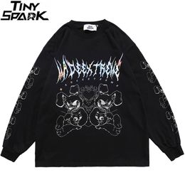 Hip Hop Monster Printed Oversize T Shirt Streetwear Harajuku Cotton T-Shirt Men Spring Long Sleeve Tshirt Black Tops Tees 220312