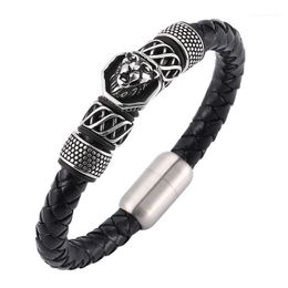 Charm Bracelets Trendy Jewellery Male Black Braided Leather Lion Bracelet Men Stainless Steel Magnetic Clasp Punk Wristband Vintage Bangle SP0