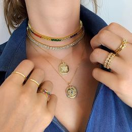 Geometric Fashion European Women Jewelry Promotion Gold Color White Rainbow CZ Starburst Hexagon Coin Pendant Necklace