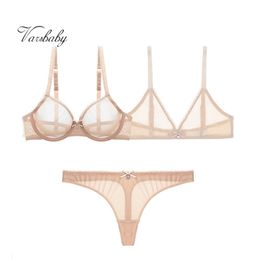 Varsbaby sexy new wire free 2 bras+thongs 3pcs yarn transparent unlined 32BC-38BCD bow bra set LJ201031