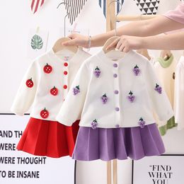 Spring Autumn Kids Girls Knitted Clothing Sets Sun Flower Strawberry Grape Long Sleeve Top Coat + Pleated Skirt 2Pcs/Set Solid Color Outfits M4008