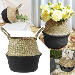 Storage Bags Retro Creative Flower Handmade Basket Seagrass Wicker PotReusable Stand Up Zip Shut Bag Cup