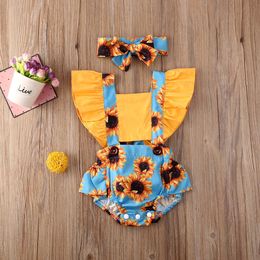Pudcoco Newborn Baby Girls Clothes Sunflower Print Ruffle Floral Sleeveless Romper Jumpsuit Headband Outfits Age for 0-24 Months 201029