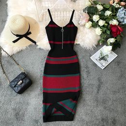 New Fashion 2021 Slim Summer Striped Print Knitted Cotton Sheath Midi Dress Women Spaghetti Strap Casual Party Bodycon Vestidos Y0118