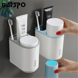 BAISPO Creative Magnetic Toothbrush Holder Wall Mount With 2 Cup Home Toothpaste Shaver Shelf Storage Bathroom Accessories Set Y200407