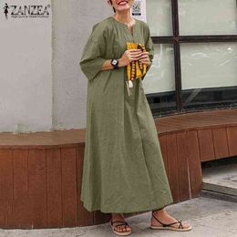 Women Holiday Party Elegant Vestidos Casual Solid Cotton Sundress ZANZEA Vintage 3/4 Sleeve V Neck Maxi Dress Autumn Female Robe Y220214