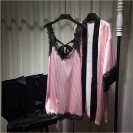 Spring Summer Sexy Striped Pink Pyjamas Nightdress Women's Imitation Silk Bathrobe Drilling Two Piece Set Sleepwear Pyjamas 210203