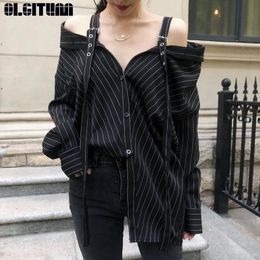 OLGITUM New Fashion 2019 Personality Black Stripe Off-shoulder Strap Vertical Long Sleeve Shirt Female's Loose Blouse T200321