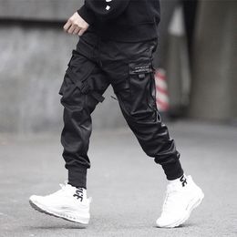 Men Cargo Pants Black Streetwear Ribbons Block Multi Pocket 2020 Harem Joggers Harajuku Sweatpant Hip Hop Casual Male Trousers LJ201007