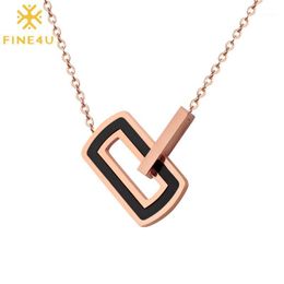 Pendant Necklaces FINE4U N380 Stainless Steel Lucky Rectangle Necklace For Women Rose Gold Colour Initial Chain Square Jewelry1