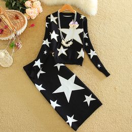 Women Winter Knitted tracksuit Knitting Sweaters Sets Autumn Stars Fashion Ladies New 2 piece Set Bodycon Skirt and Top LJ201126