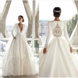Elegant Satin A Line Wedding Dresses 2021 Boho Garden Long Sleeves Bridal Gowns Lace Hollow Back Sexy V Neck robes de mariée AL7176