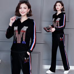 Winter Velvet Suits Women 2 Piece Set Velor Tracksuits Women Outfit Sportsuit Co-ord Set Top and Pant Suit Black Clothing 201119