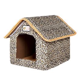 Pet House Foldable Bed With Mat Soft Winter Leopard Dog Puppy Sofa Cushion House Kennel Nest Dog Cat Bed For Small Medium Dogs 201127