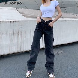 Street High Waist Straight Jeans Women Were Thin And Loose Casual Wide Leg Pants Fashion Boyfriend Style Denim Girlfriend Pants 210203