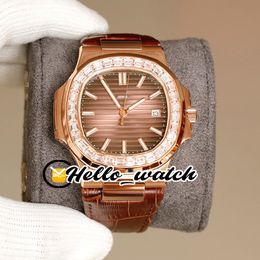 New 5711/1R-001 Brown Texture Dial Cal.324 SC Automatic Mens Watch Rose Gold Case Big Diamond Bezel Brown Leather Sport Watches Hello_watch