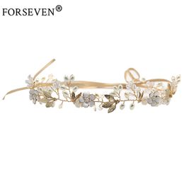 FORSEVEN High Quality Gold Crystal Pearl Headband For Bride Hair Accessories Flower Head Piece Handmade Wedding Hair Jewelry Y200409