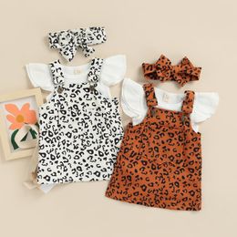 Clothing Sets 0-18M Born Infant Baby Girls Solid Ribbed Romper Tops Leopard Printed Suspender Dress Headband Outfits Clothes Set