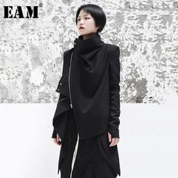 [EAM] 2020 New Spring Stand Collar Long Sleeve Black Zipper Split Joint Irregular Jacket Women Coat Fashion Tide LJ201021
