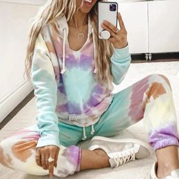 Tie Dye Two Piece Set Women Long Sleeve Tees Hoodie Pullovers Pants Casual Tracksuit Winter Lounge Wear Outfits Multicolor 201119