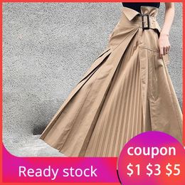 Women Pleated Skirt 2020 Korean Plain Ankle Length Khaki Harajuku Plus Size Asymmetrical Casual Boho Long Skirts Office Ladies T200712