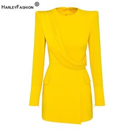 HarleyFashion European American High Street Lemon Yellow Mini Dress Designer Brief Slim Quality Long Stunning Dresses 201201
